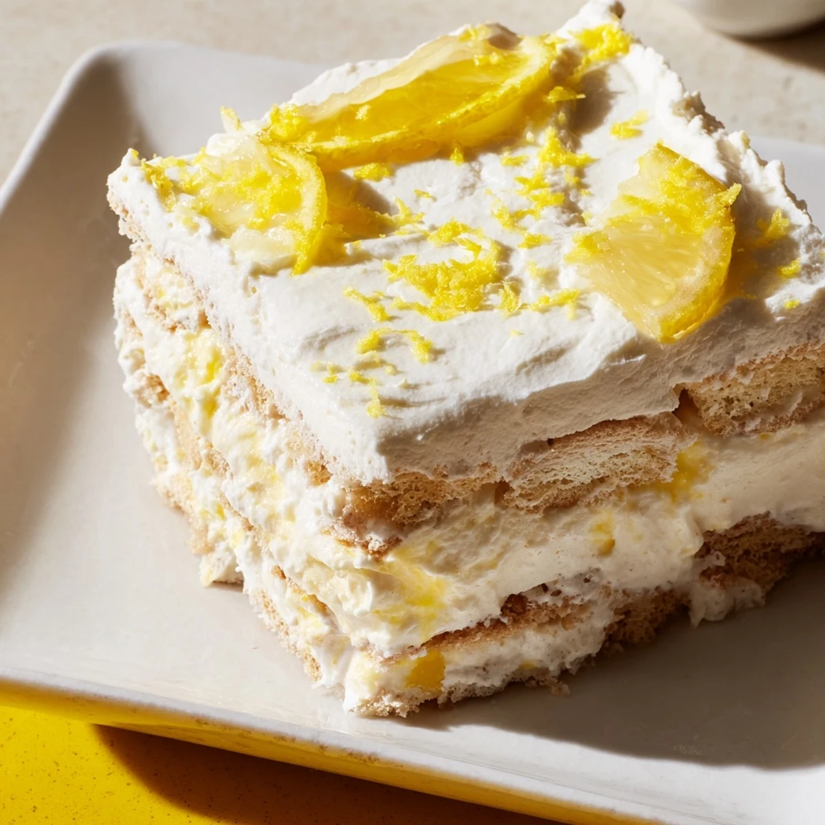Easy Lemon Tiramisu No Bake Dessert layered with lemon-soaked ladyfingers and creamy mascarpone, garnished with fresh zest.