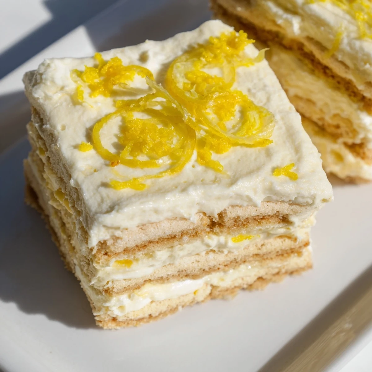 Bright yellow lemon slices and powdered sugar top this Easy Lemon Tiramisu No Bake Dessert, highlighting its refreshing, no-bake layers.