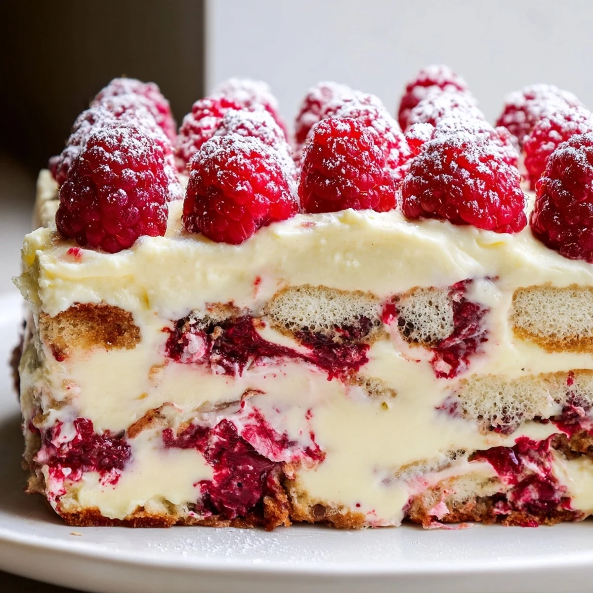 A slice of Fresh Raspberry Tiramisu showing berry-studded cream and a dusting of powdered sugar on top.