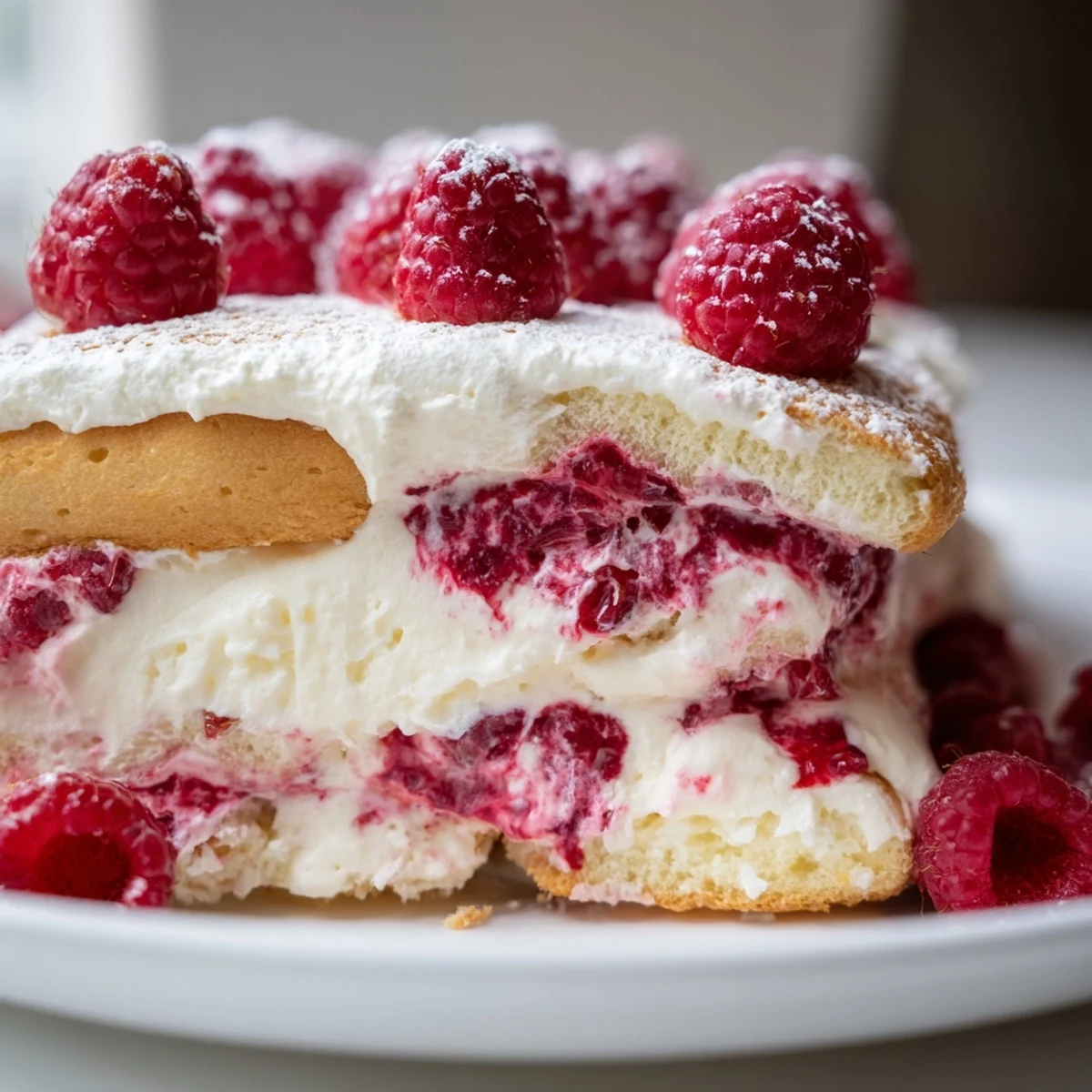 Layers of coffee-soaked ladyfingers and creamy mascarpone topped with fresh raspberries in Fresh Raspberry Tiramisu.