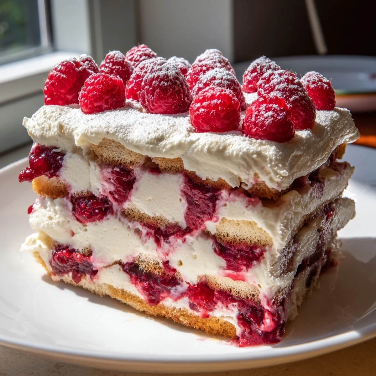 Close-up of Fresh Raspberry Tiramisu with vibrant red berries and mint garnish on a white serving plate.