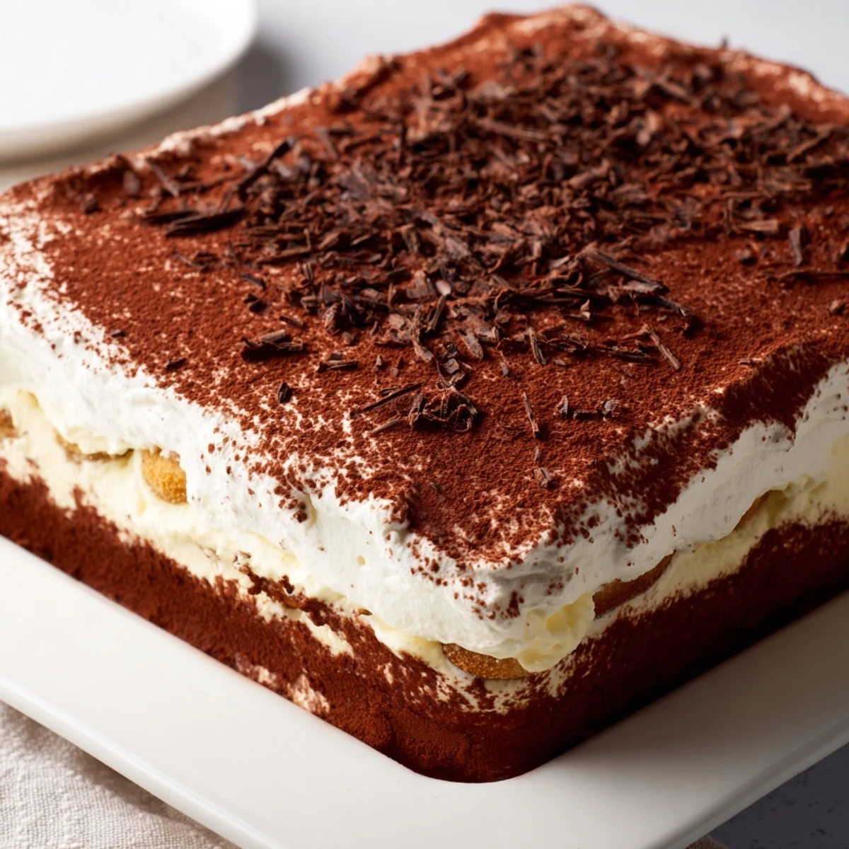 A close-up of Easy Tiramisu layered with coffee-soaked ladyfingers and creamy mascarpone.