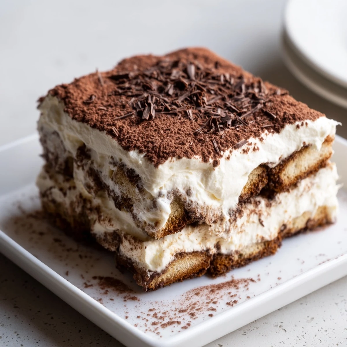 A slice of Easy Tiramisu with rich mascarpone cream and dark chocolate shavings on top.