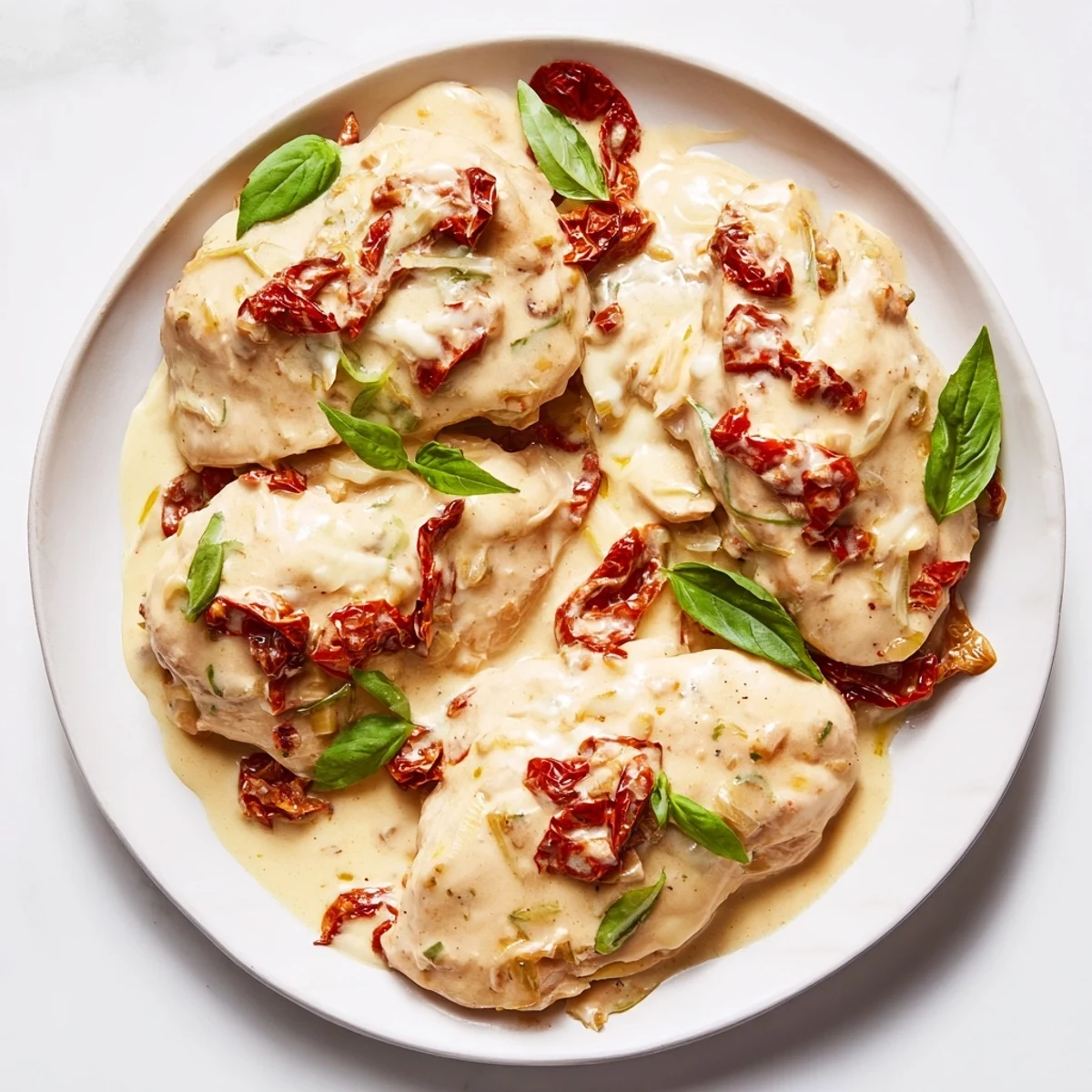 Golden-brown chicken breasts in Marry Me Slow Cooker Chicken Breast dish swimming in creamy sun-dried tomato sauce with fresh basil garnish.