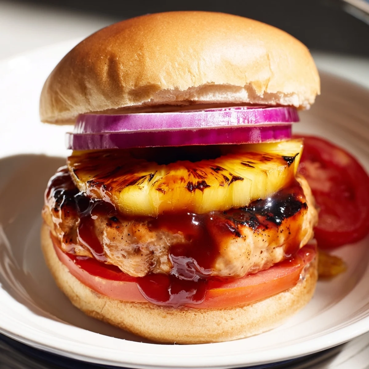 Succulent grilled chicken and caramelized pineapple create a vibrant Hawaiian Pineapple Chicken Burger on a toasted bun.