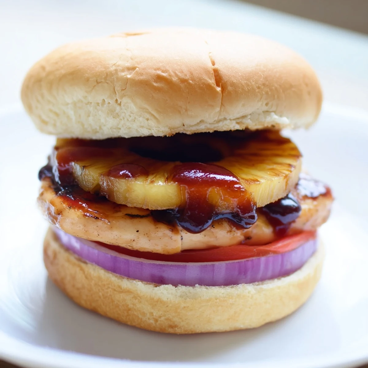 Close up of a toasted Hawaiian Pineapple Chicken Burger showcasing grilled pineapple ring and fresh red onion slices.