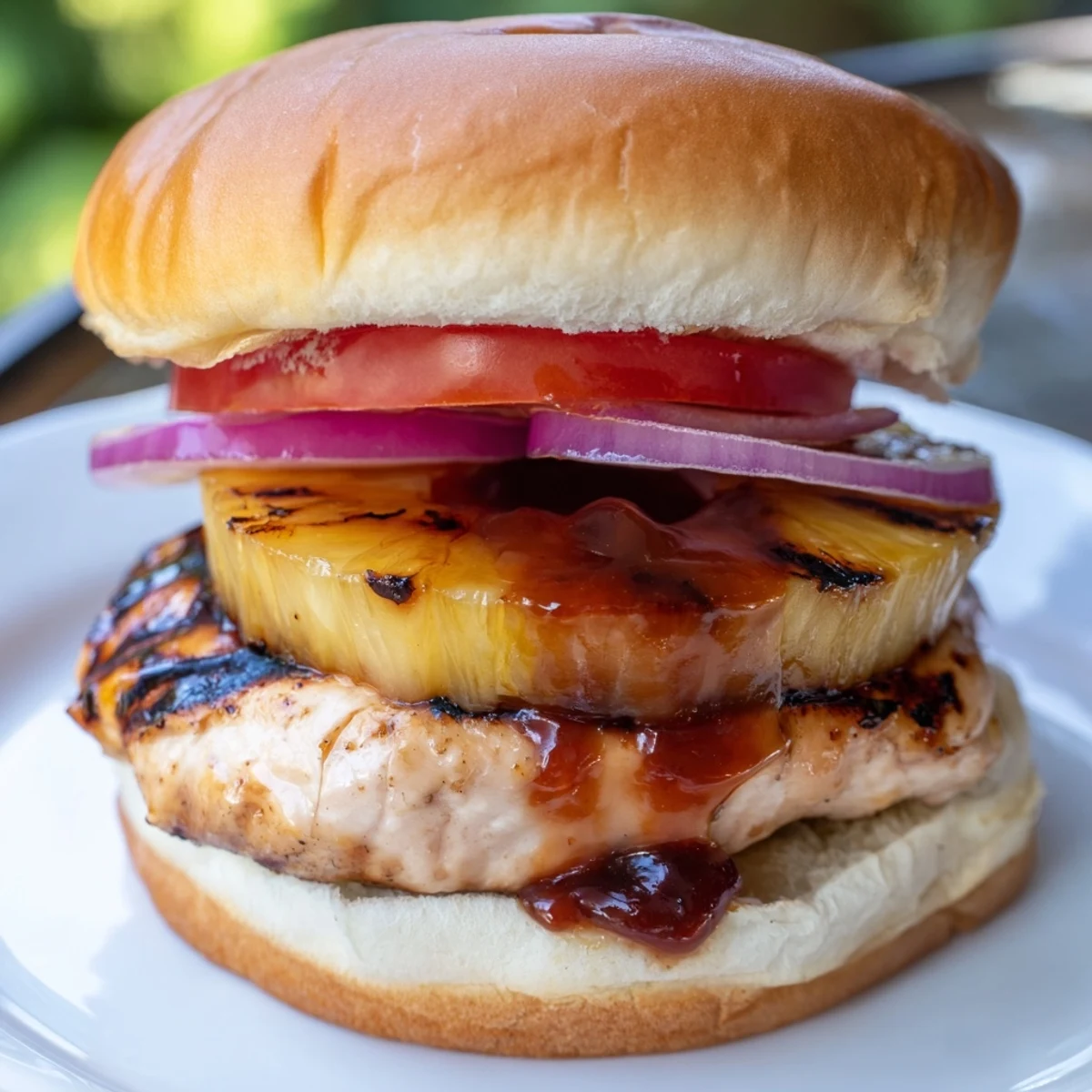 A juicy Hawaiian Pineapple Chicken Burger layered with lettuce, tomato, and tangy teriyaki glaze on a plate.