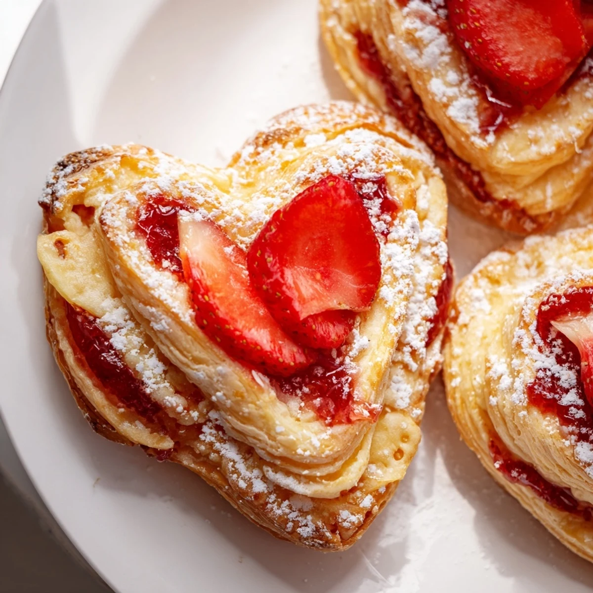 Golden-brown Strawberry Cream Cheese Heart Danishes rest on a cooling rack, revealing flaky pastry layers with a creamy filling and fresh berry slices.