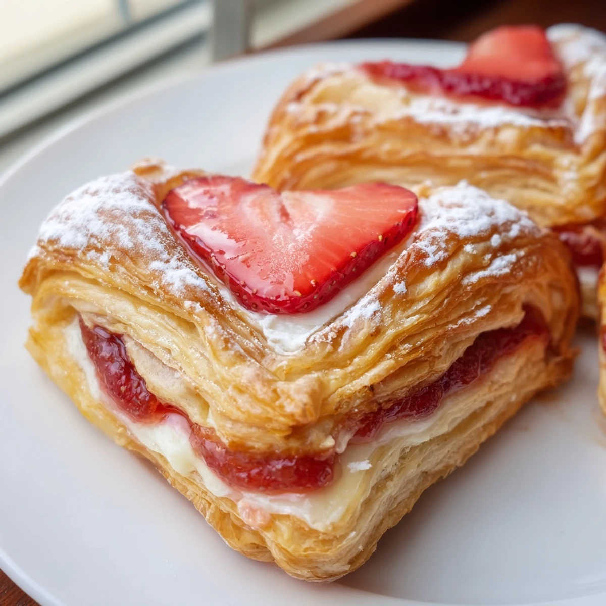 Served on a rustic wooden board, these Strawberry Cream Cheese Heart Danishes pair beautifully with a steaming cup of coffee for breakfast.