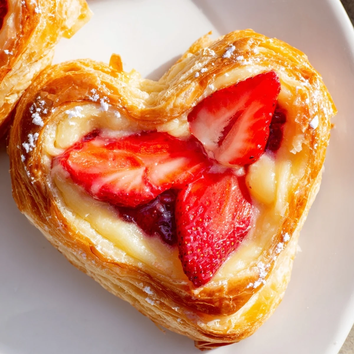 A close-up view shows a Strawberry Cream Cheese Heart Danish with a sweet glaze drizzle, highlighting its tender pastry and vibrant strawberry preserves.