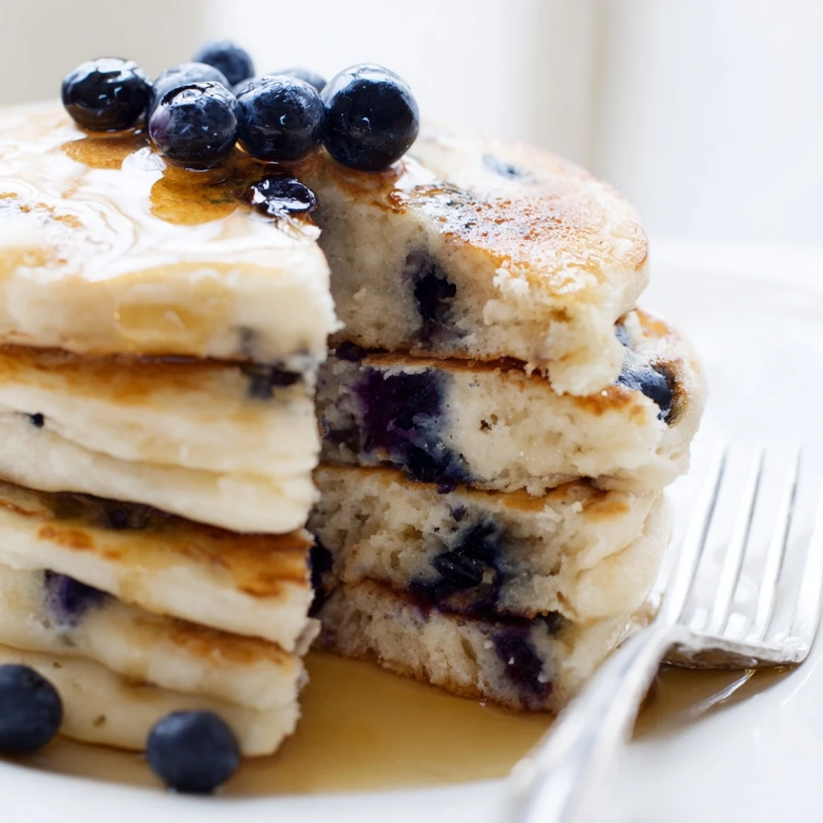 A close-up of Fluffy Greek Yogurt Blueberry Pancakes stacked high with melted butter and a drizzle of maple syrup.