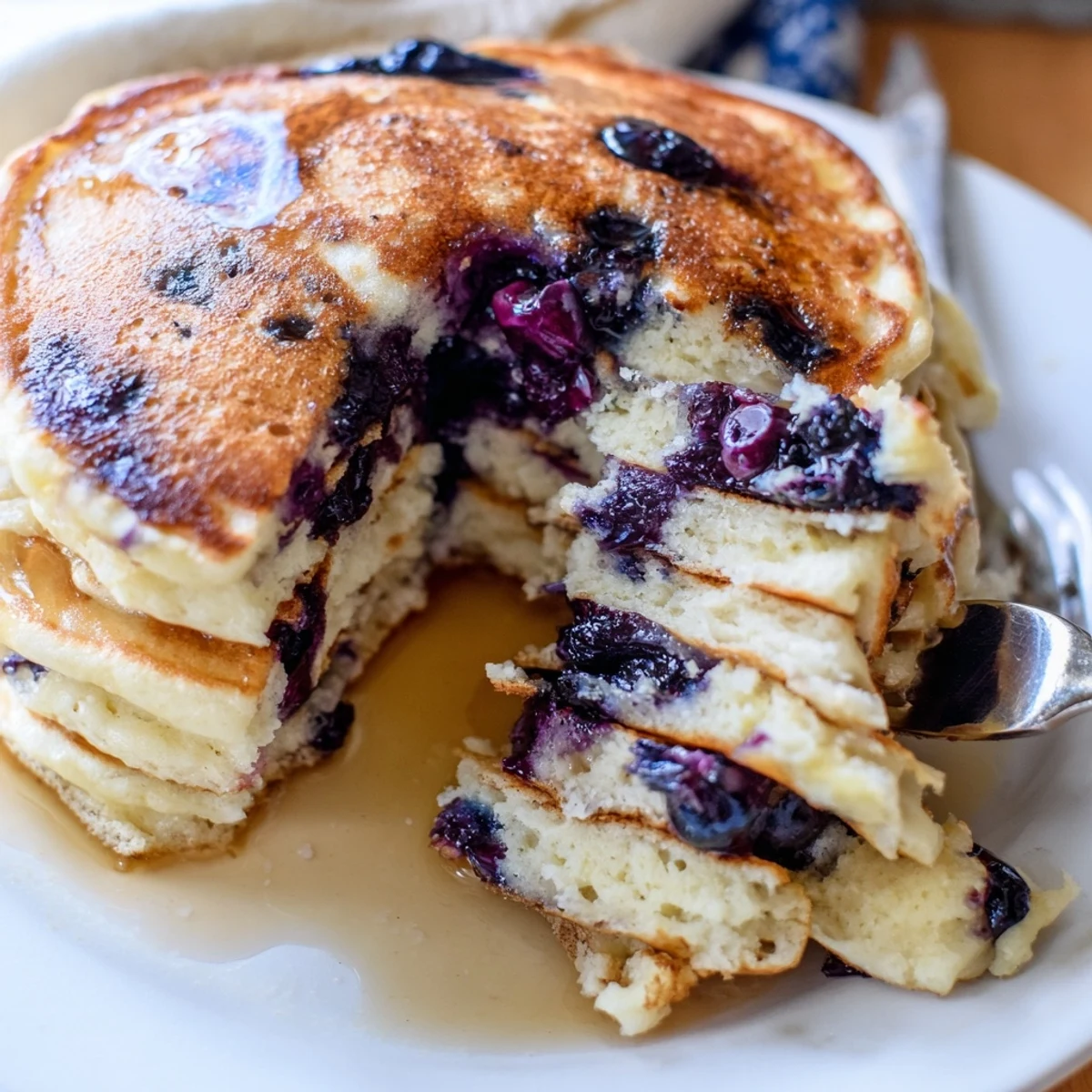 Golden-brown Fluffy Greek Yogurt Blueberry Pancakes topped with fresh berries and a dollop of Greek yogurt on a rustic plate.
