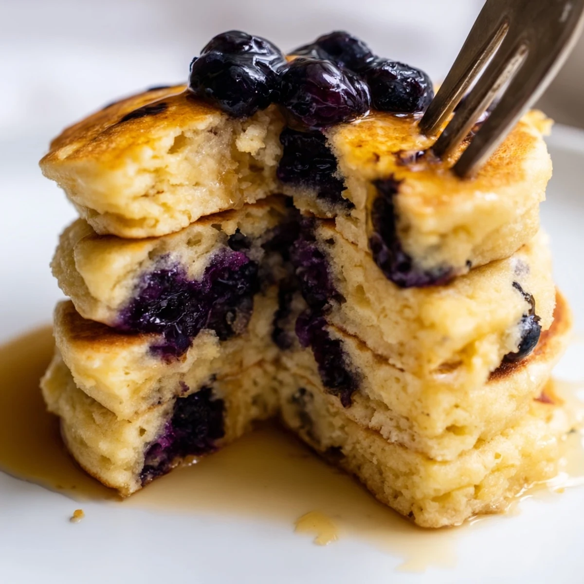 Breakfast plate featuring Fluffy Greek Yogurt Blueberry Pancakes, sliced bananas, and a glass of orange juice for a cozy meal.