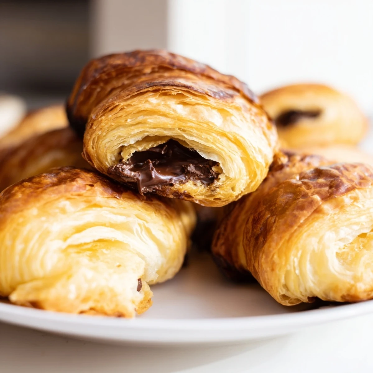 Golden-brown, flaky Homemade Chocolate Croissants filled with melted chocolate, served warm with coffee on a rustic table.