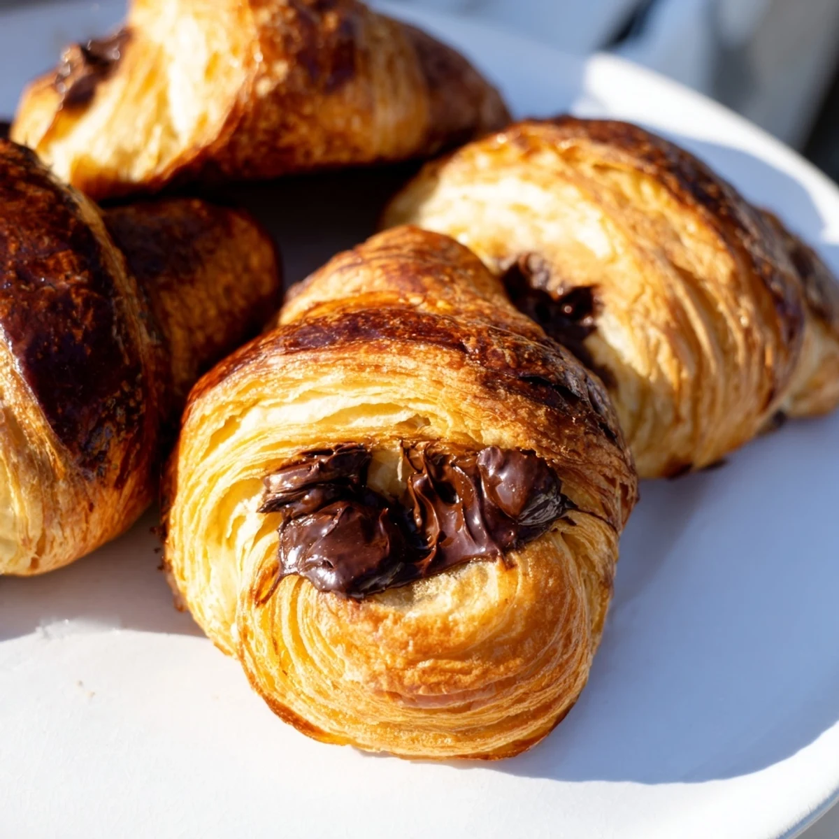 Freshly baked Homemade Chocolate Croissants with crispy layers, a dusting of powdered sugar, and chocolate oozing from the center.