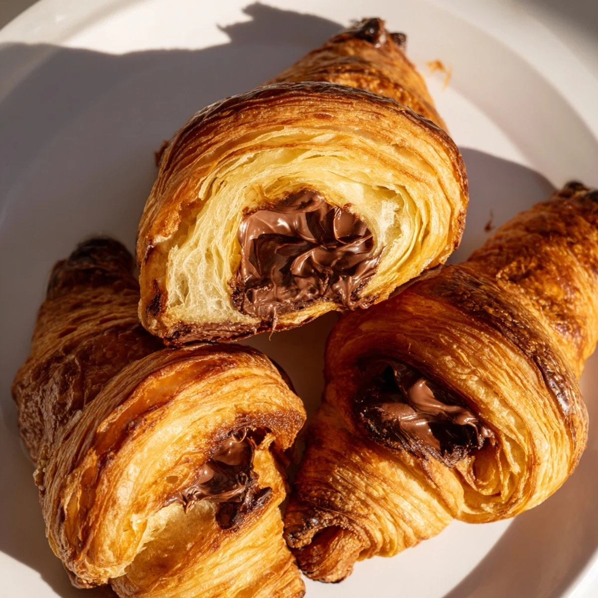Close-up of Homemade Chocolate Croissants on a plate, showing buttery, layered pastry with rich, dark chocolate filling inside.