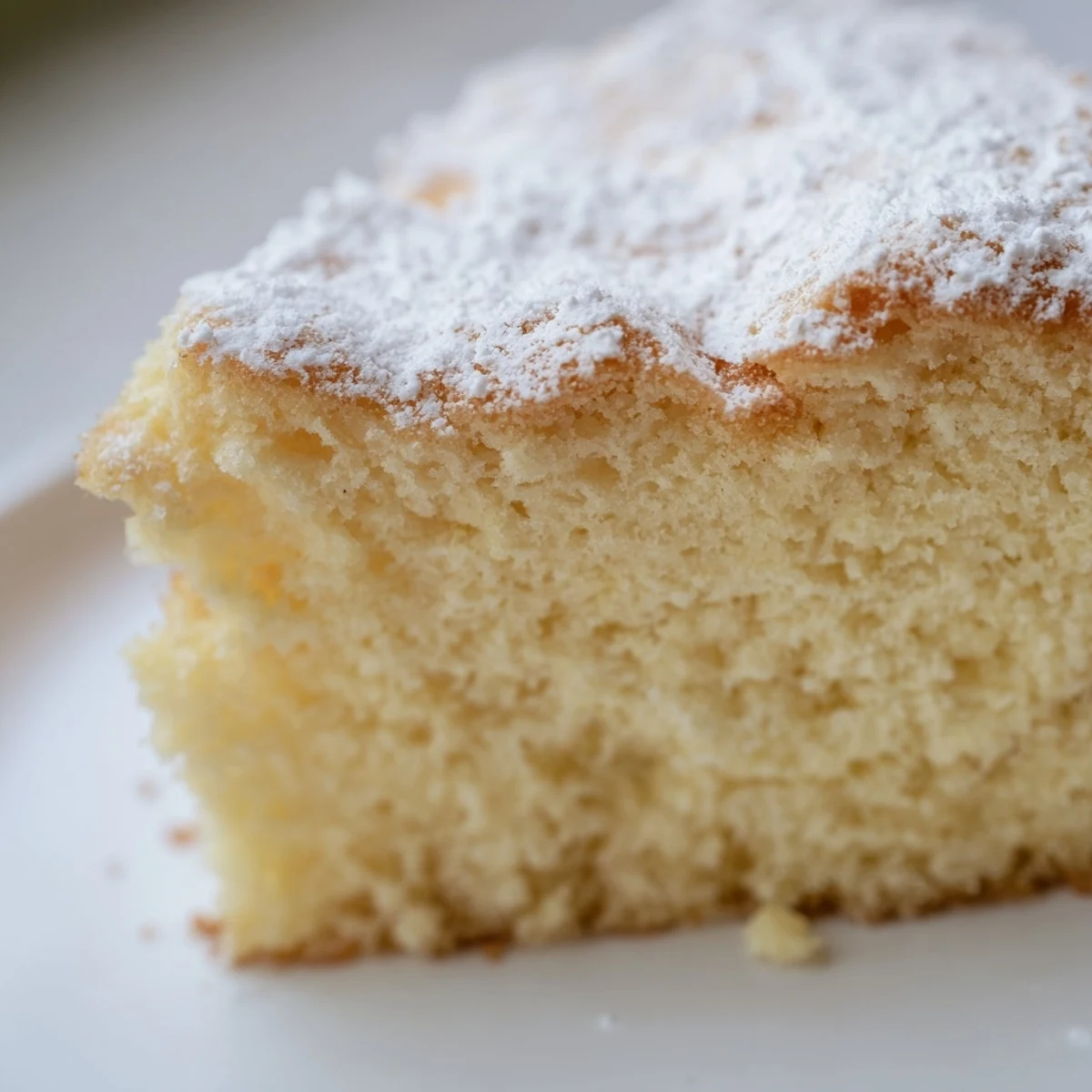 A light, airy Fluffy Yogurt Cloud Cake dusted with powdered sugar and served with fresh berries on a plate.