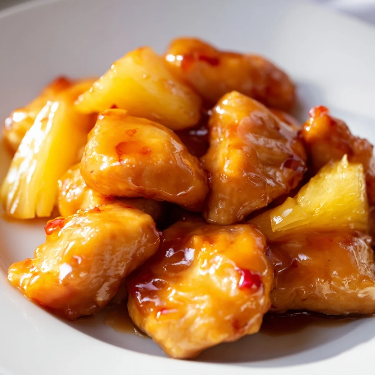 A close-up of Honey Garlic Pineapple Chicken glistening in a skillet with red bell peppers and fresh pineapple chunks. 
