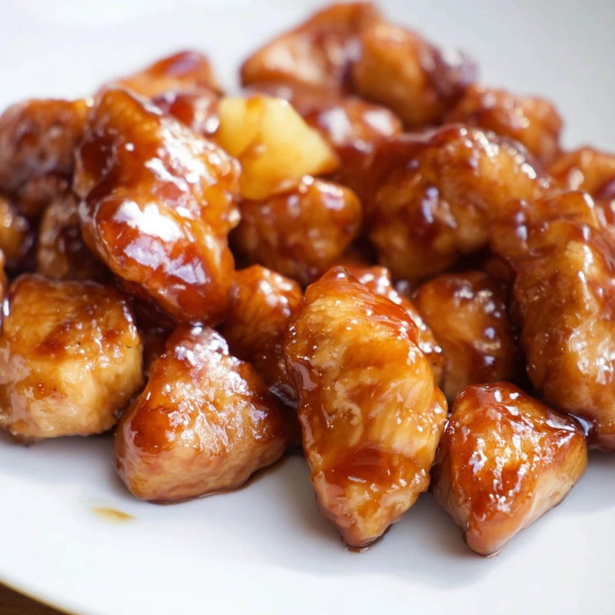 Sizzling Honey Garlic Pineapple Chicken served in a white bowl next to fluffy steamed white rice for a weeknight dinner. 