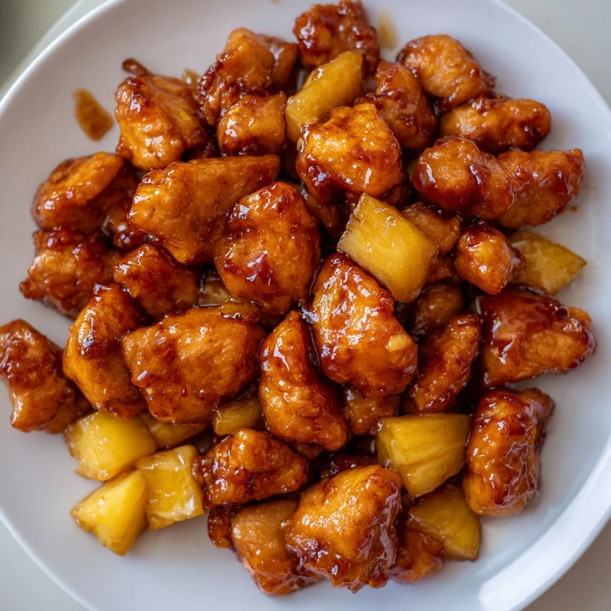 Vibrant Honey Garlic Pineapple Chicken stir fry garnished with green onions and sesame seeds on a rustic wooden table.