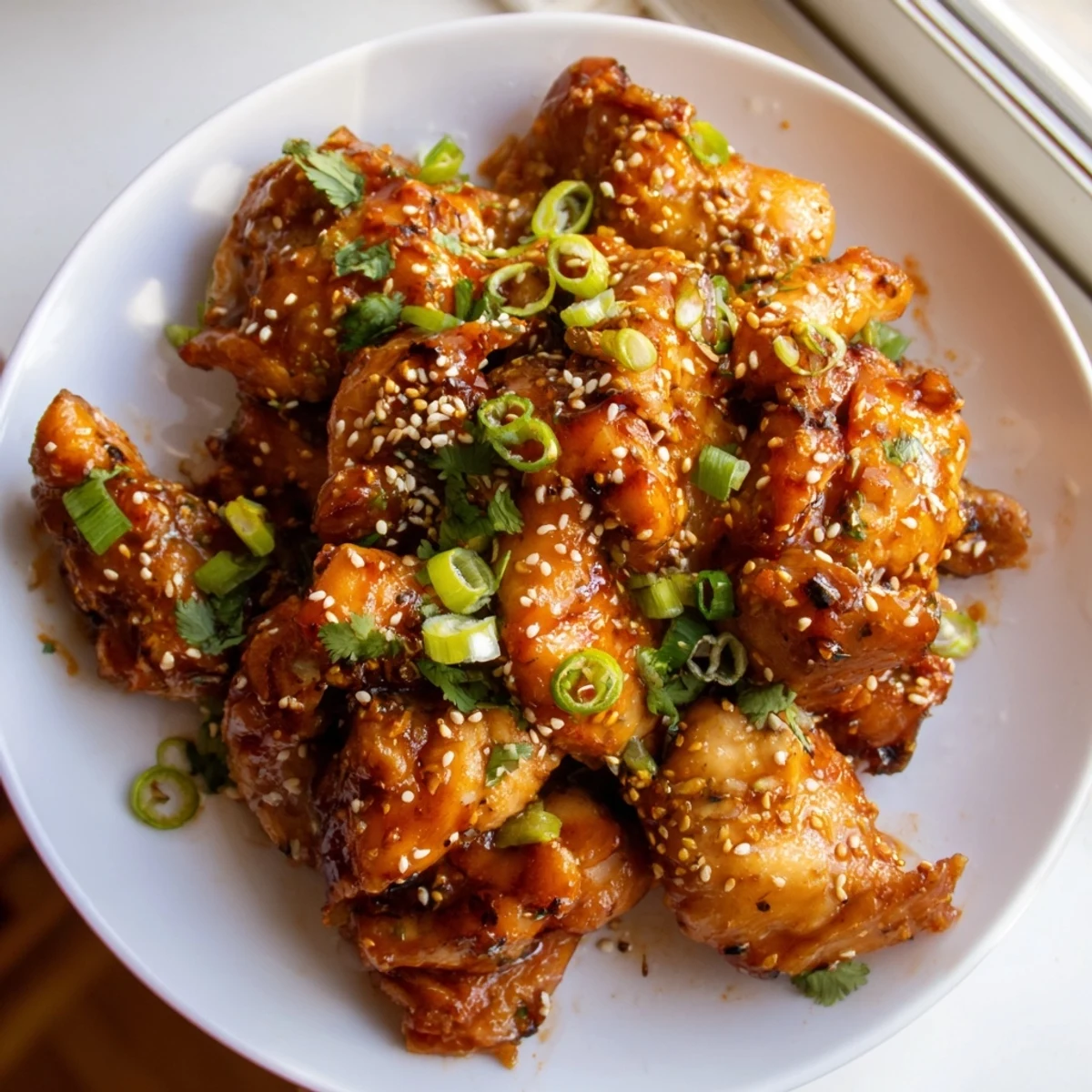 Golden-brown Sweet and Spicy Thai Chicken pieces tossed with green onions and sesame seeds in a skillet.