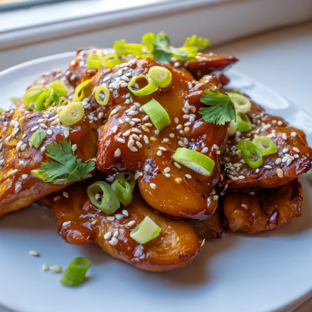 Tender Sweet and Spicy Thai Chicken glazed in vibrant sauce over fluffy white rice on a wooden table.