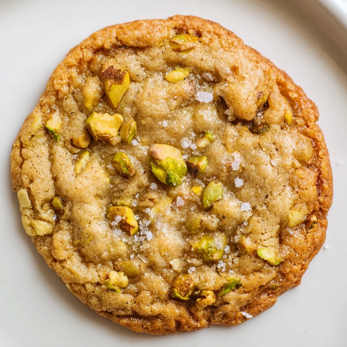 Golden-brown Salted Honey Pistachio Cookies with visible chopped pistachios and sparkling sea salt on top, arranged on a rustic wooden board.  
