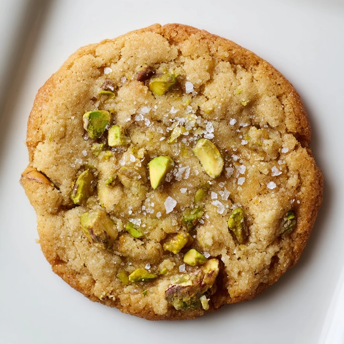 Close-up view of a chewy Salted Honey Pistachio Cookie broken in half, revealing a soft interior and rich pistachio pieces.  