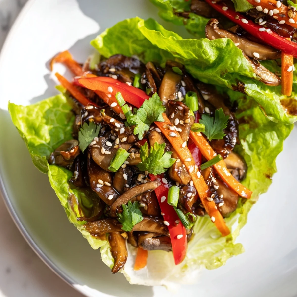 A close-up of vibrant shiitake mushroom lettuce wraps, each butter lettuce leaf holding a savory warm filling ready to enjoy.