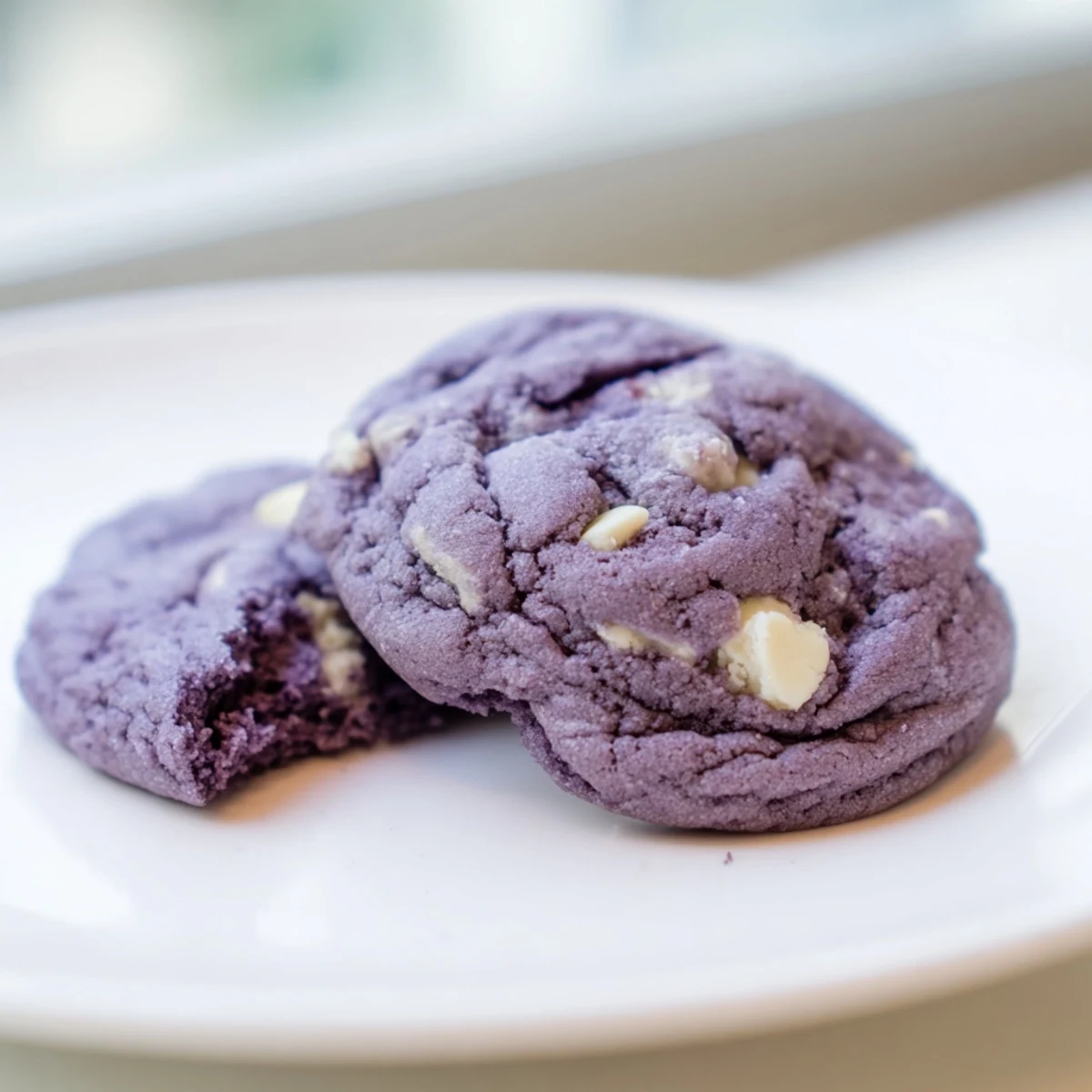 Soft, chewy White Chocolate Ube Cookies with purple hue and creamy chips, served warm.