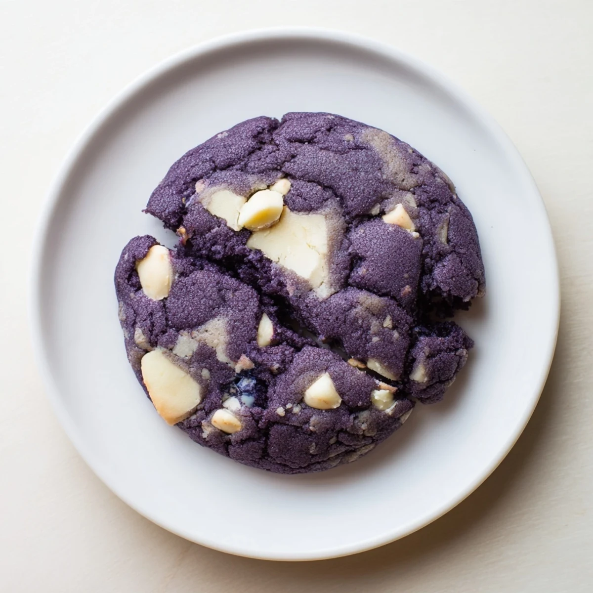 A tray of freshly baked White Chocolate Ube Cookies cooling on a wire rack.