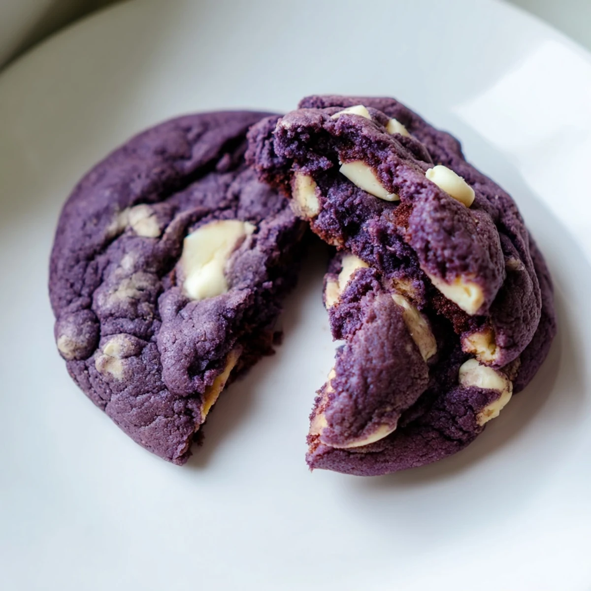 Golden White Chocolate Ube Cookies paired with milk on a rustic wooden table.