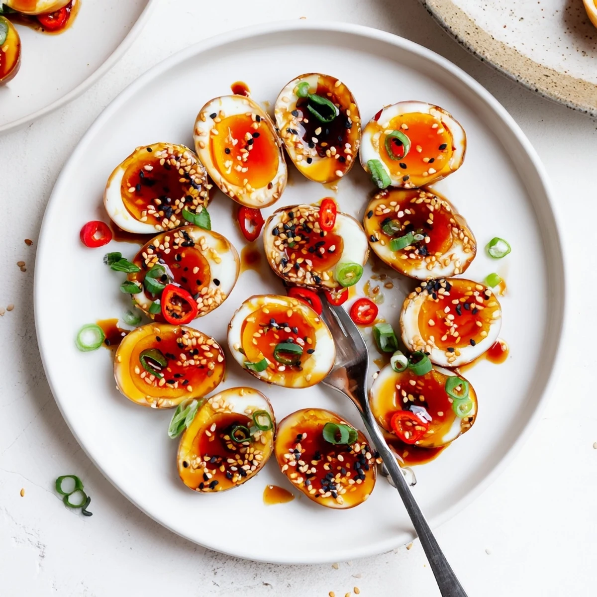 A close-up of Korean Marinated Eggs coated in savory sauce with fresh green onions.