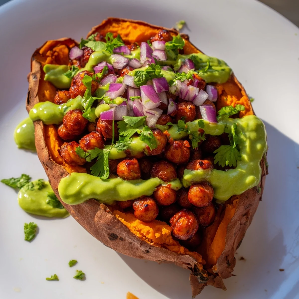 Roasted Vegan BBQ Chickpea Sweet Potatoes topped with smoky chickpeas and creamy avocado-lime drizzle on a plate.