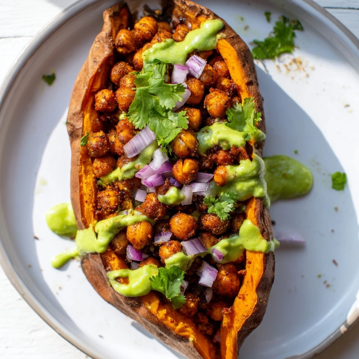 Dinner plate of Vegan BBQ Chickpea Sweet Potatoes drizzled with avocado-lime sauce and garnished with cilantro.