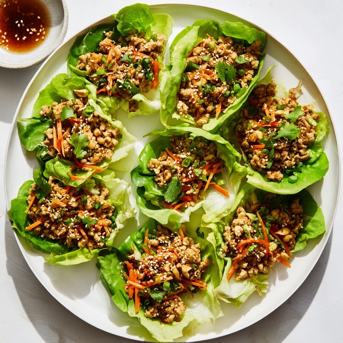 Juicy ground chicken filling for Potsticker Chicken Lettuce Boats, with ginger, garlic, and crisp water chestnuts, spooned into fresh green lettuce cups.