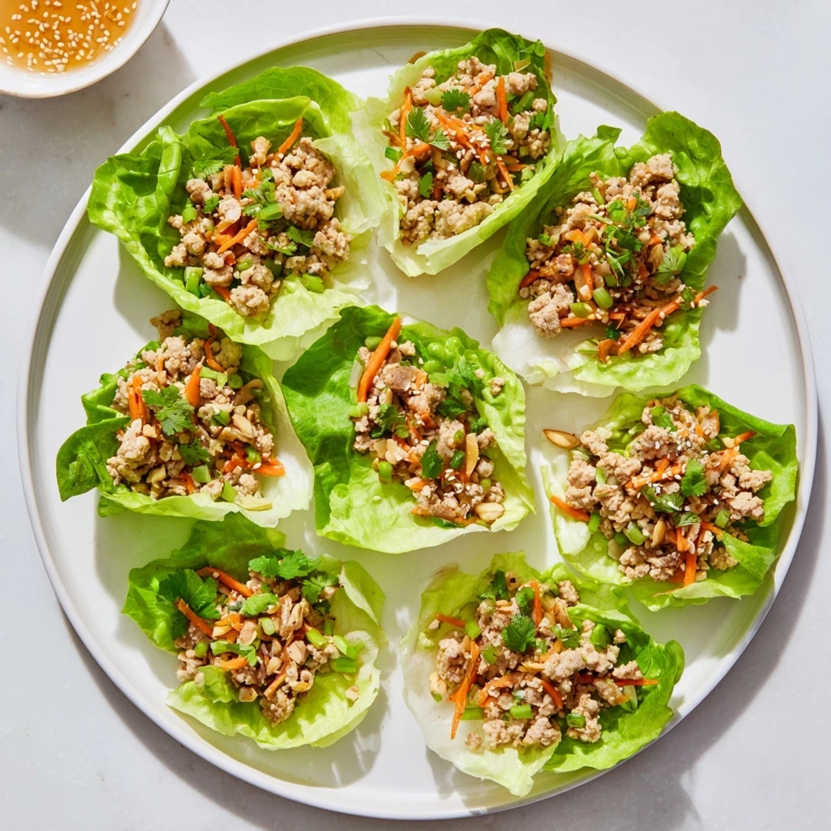 Bright, vibrant Potsticker Chicken Lettuce Boats are garnished with cilantro and sesame seeds, ready to serve with a warm, savory dipping sauce.