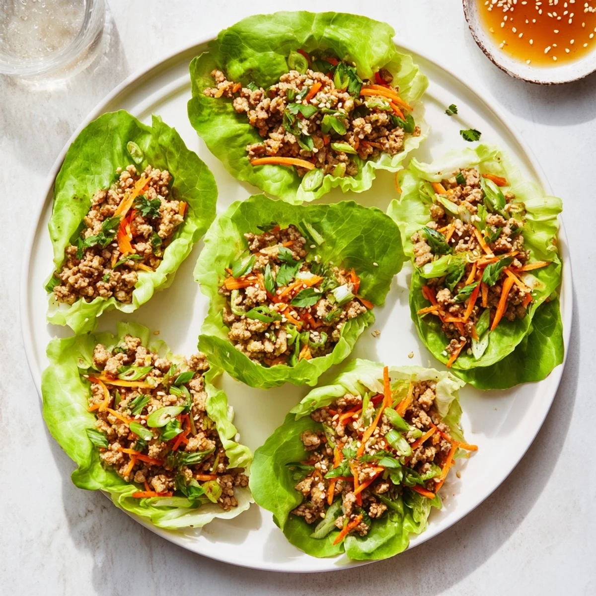 A close look at low-carb Potsticker Chicken Lettuce Boats shows tender chicken and shredded carrots tucked in buttery lettuce, creating a light, fresh meal.