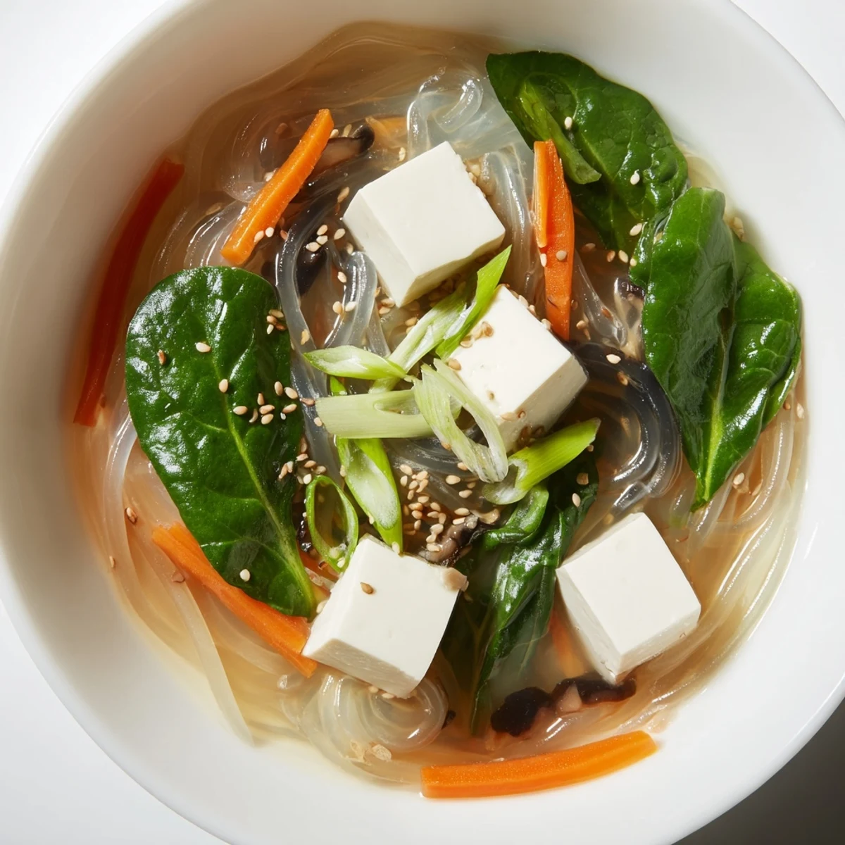 Spoon lifts tender tofu and silky broth from a fresh bowl of Japanese Harusame Noodle Soup, garnished with sesame seeds.