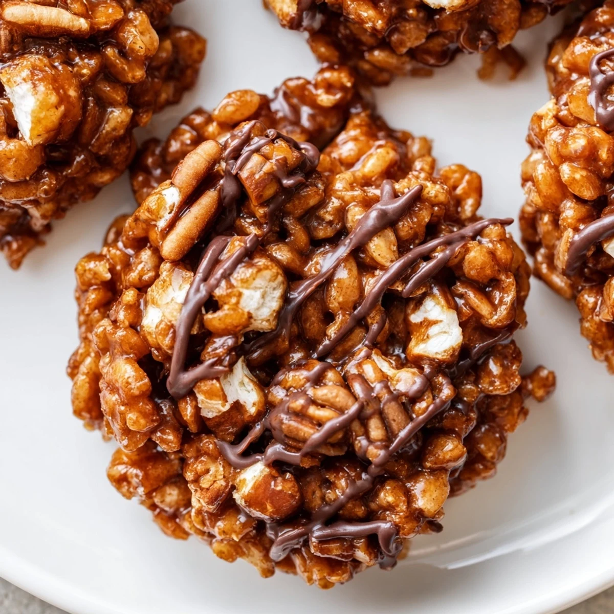 Golden-brown No Bake Coffee Crunch Rice Krispie Cookies are drizzled with melted chocolate on a parchment-lined tray.