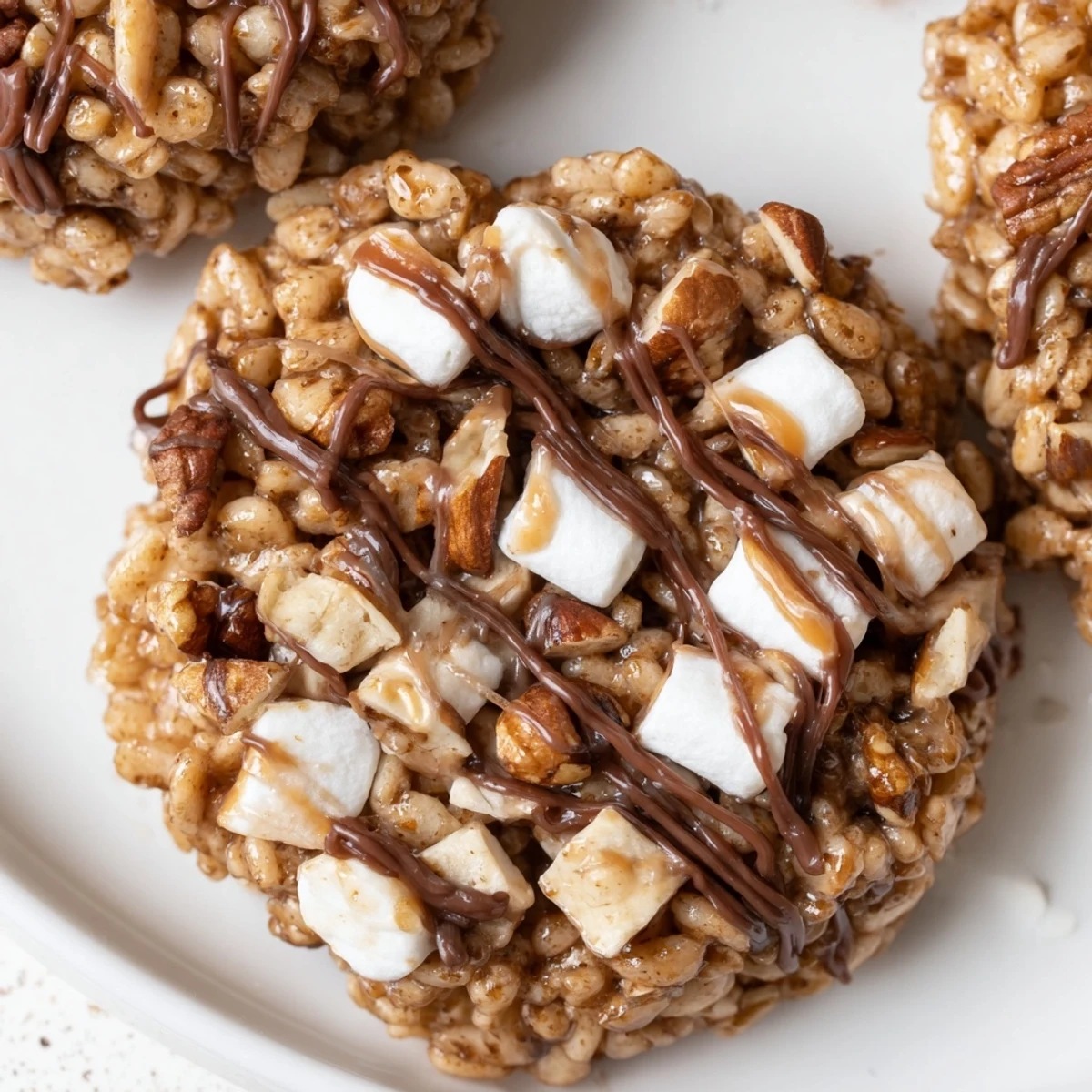 Cool, set No Bake Coffee Crunch Rice Krispie Cookies are stacked on a marble counter with espresso beans scattered.
