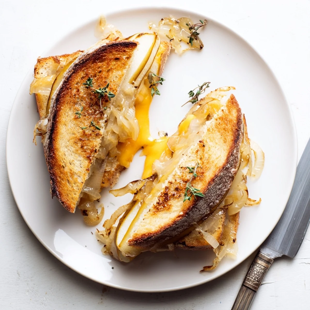 Steaming Pear, Apple & Grilled Cheese with Caramelized Onions sandwich cut in half on a wooden board, ready to serve with fresh thyme garnish.
