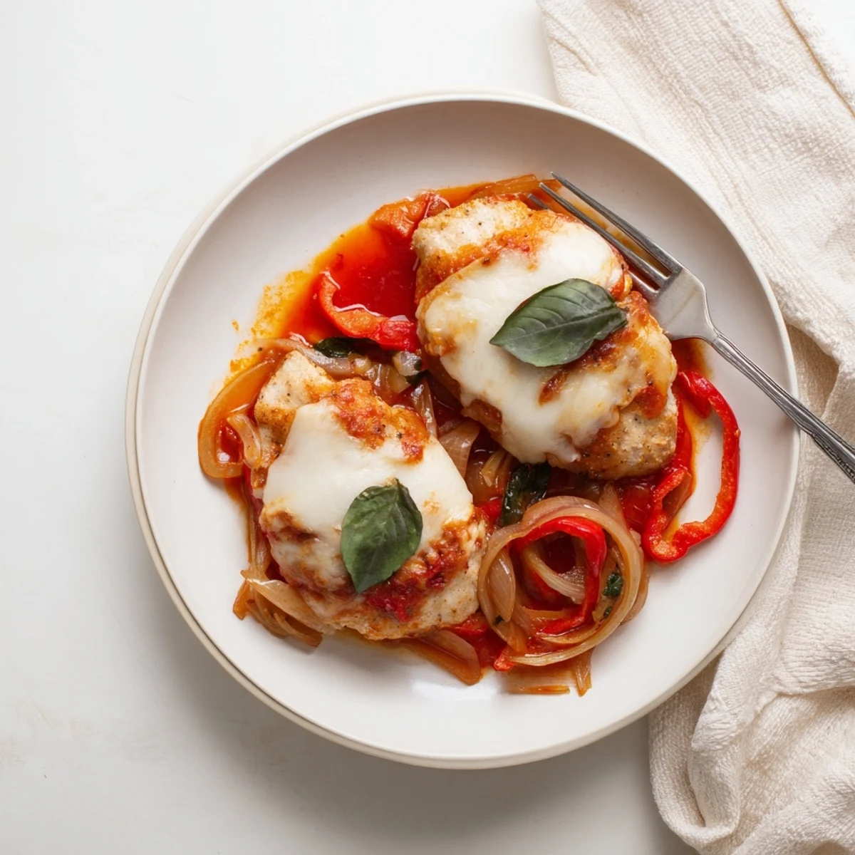 Golden-brown seared chicken breasts simmer in a vibrant tomato and herb sauce, topped with melted mozzarella.