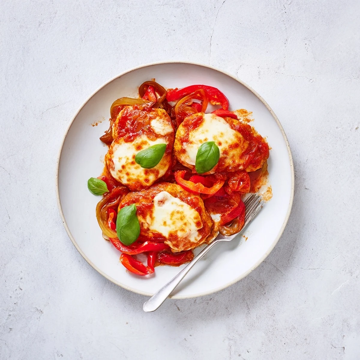 Close-up of Italian Style Chicken with fresh basil garnish, served alongside crusty bread for dipping.