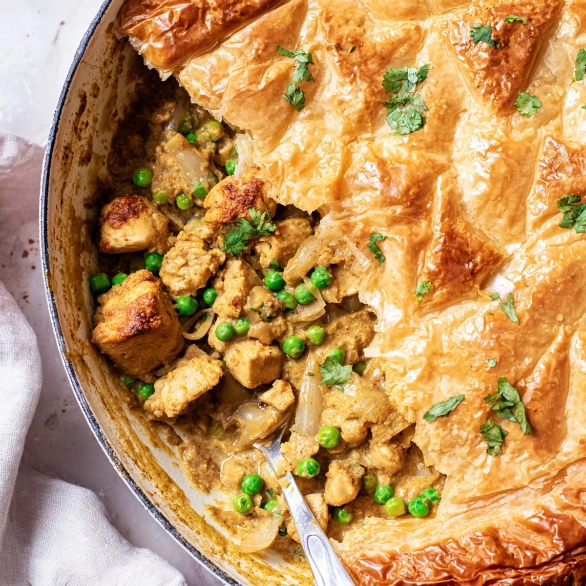 Sliced wedge of One Pan Chicken Korma Pie reveals creamy chicken korma filling with peas and tender chicken in a rich sauce.