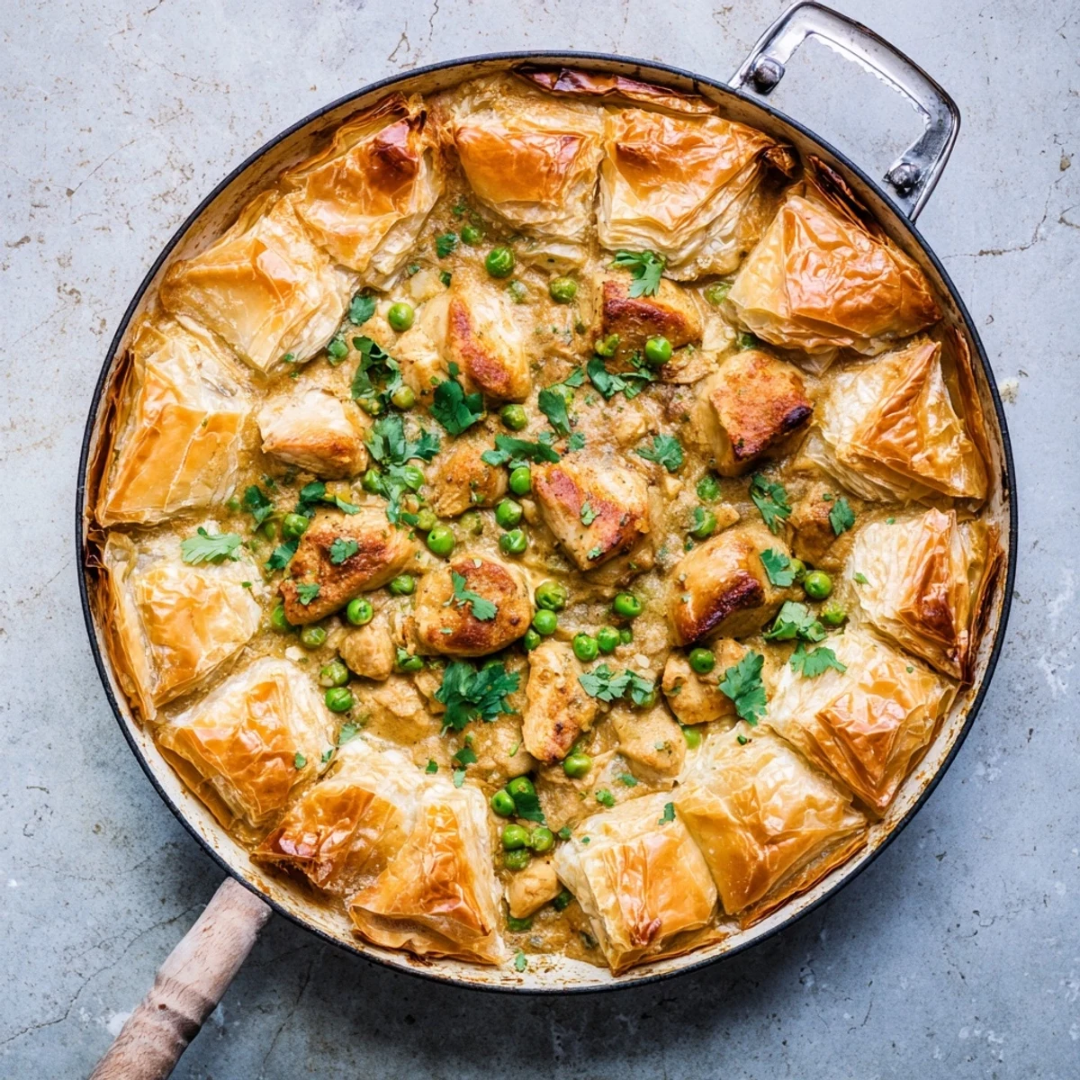One Pan Chicken Korma Pie served in the skillet with a golden crust, alongside a simple green salad for a fresh contrast.