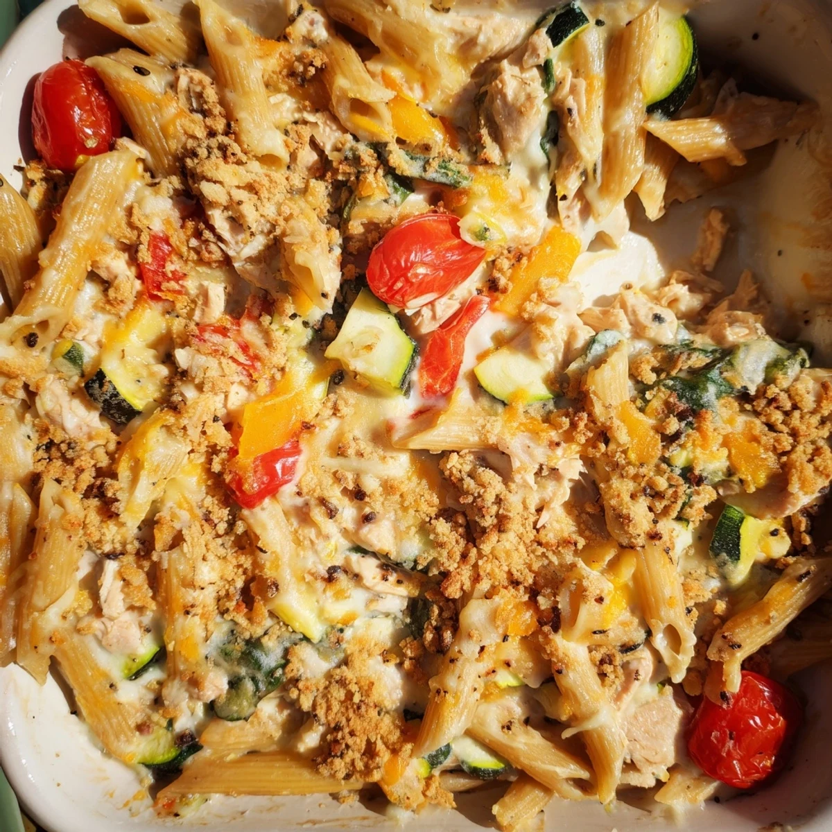 Golden bubbling lactose-free cheese tops this creamy tuna and veggie pasta bake, fresh from the oven.