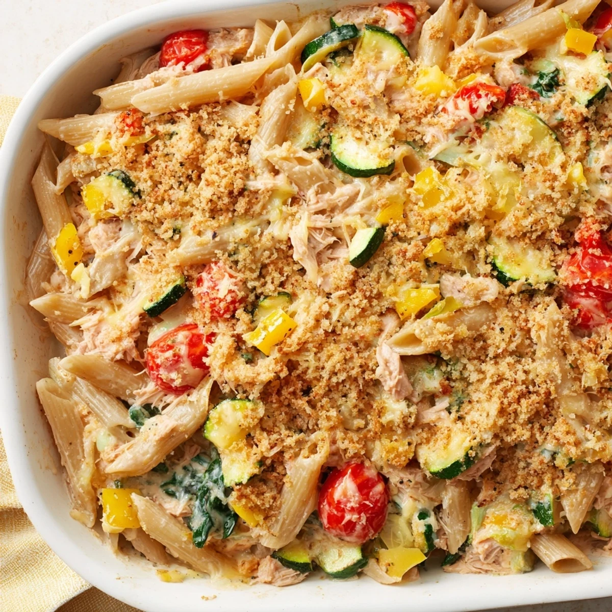Close-up of lactose-free tuna and veggie pasta bake showing colorful veggies and tender tuna chunks in creamy sauce.