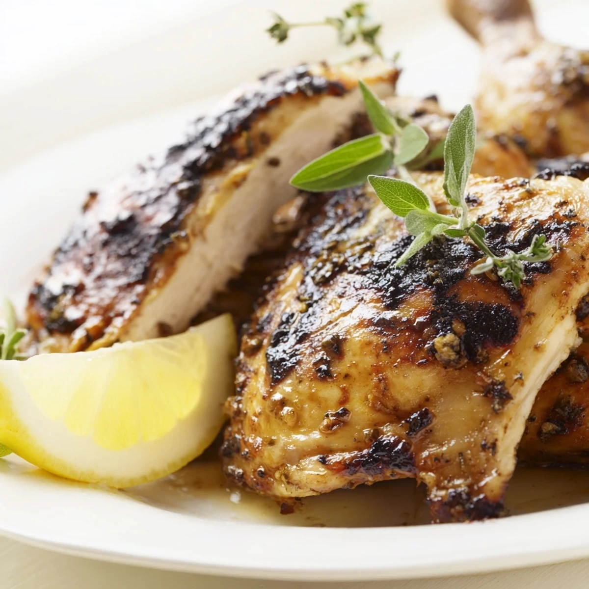 A juicy BBQ roast lemon and oregano chicken with crispy skin, served on a platter with fresh lemon wedges and oregano sprigs.