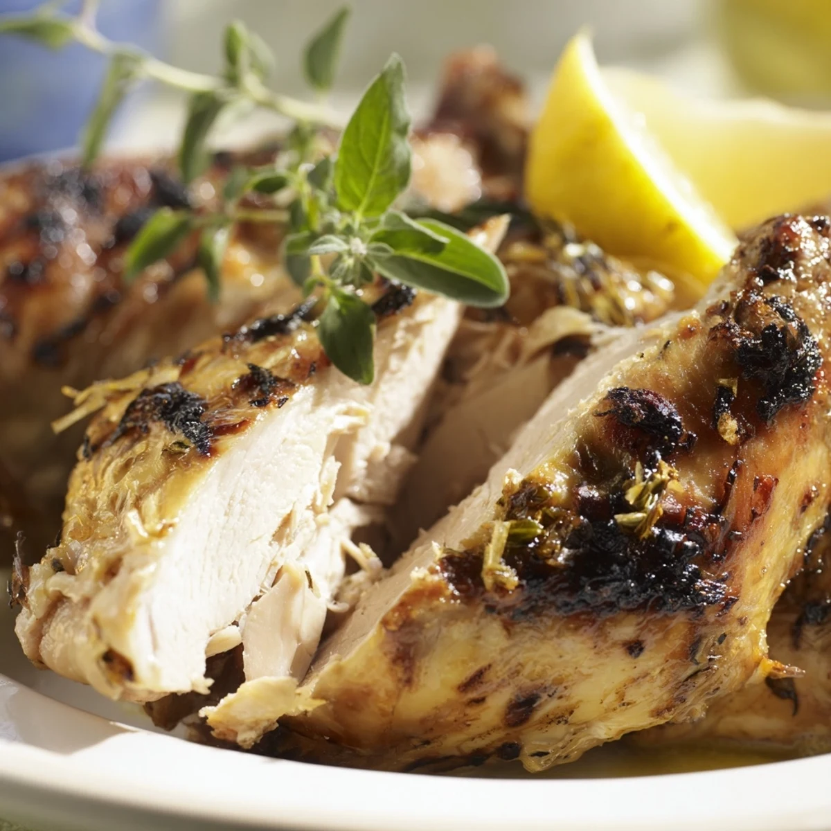 Golden-brown BBQ roast lemon and oregano chicken on a cutting board, garnished with herbs and lemon, perfect for summer grilling.